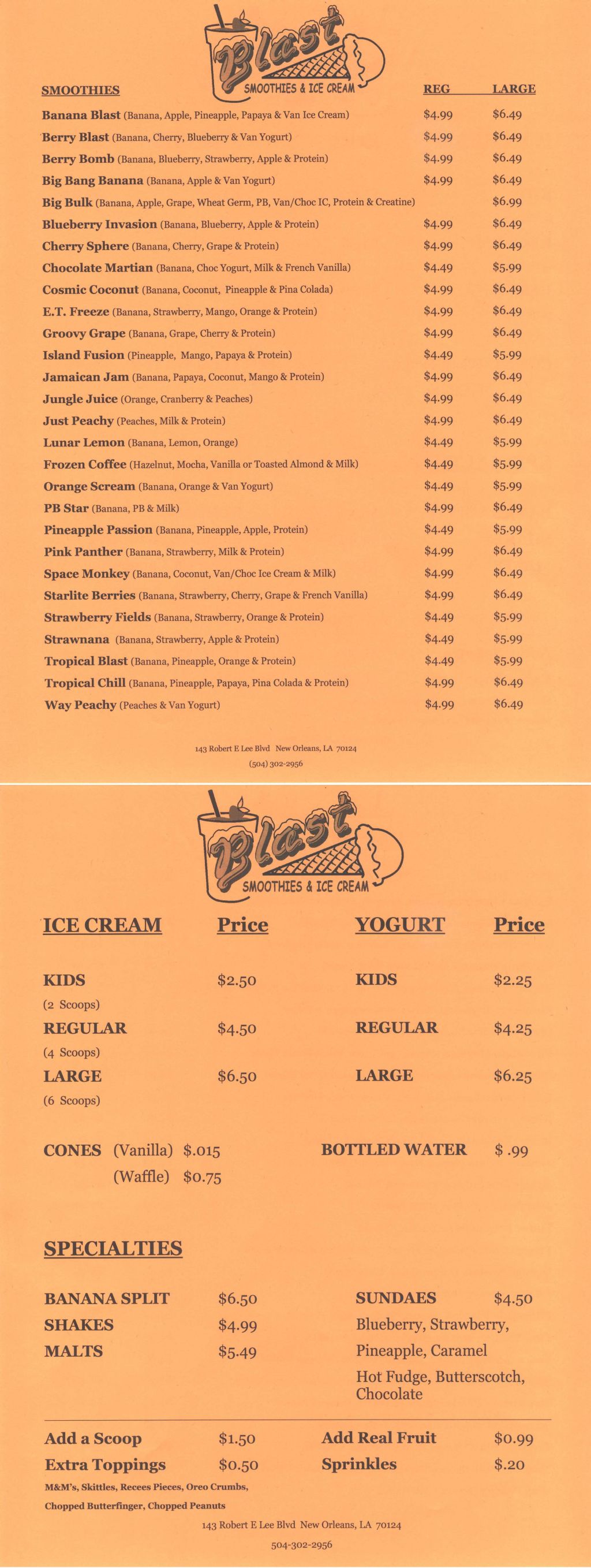 Blast Smoothies and Ice Cream Menu